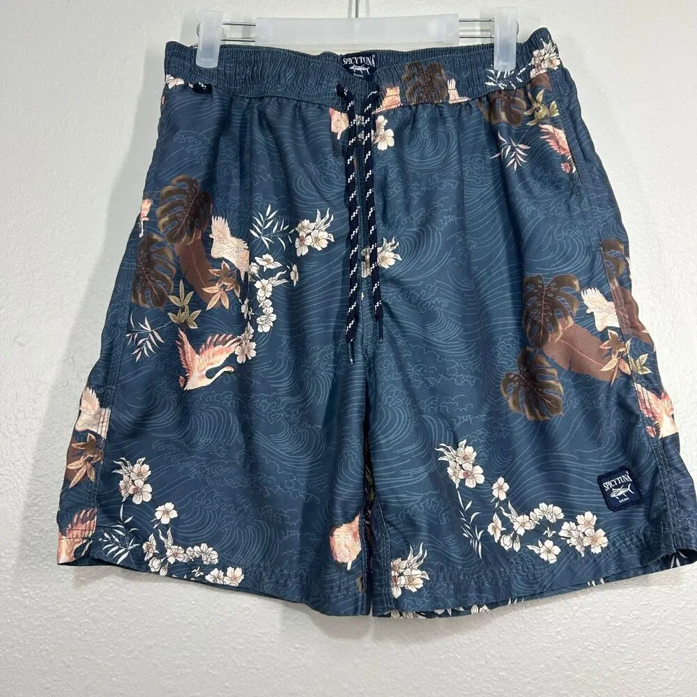 Spicy Tuna Swim Trunks Mens M Blue Floral Wave Print Elastic Waist Shorts Lined